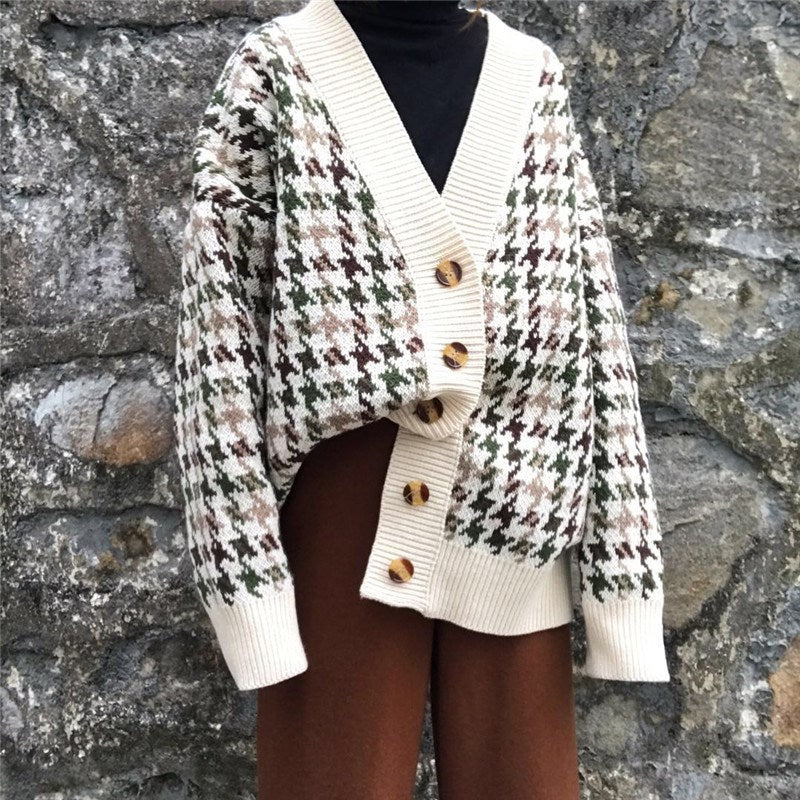 Damen Karierte Strickjacke mit Vintage-Knöpfen Stalluxe