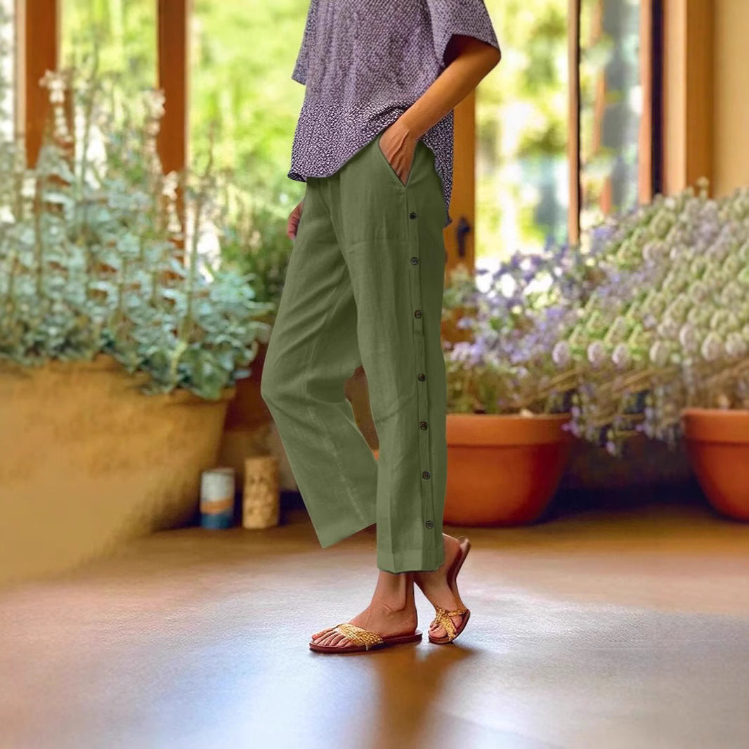 Damen Bequeme Leinenhose mit Knopfdetails Stalluxe
