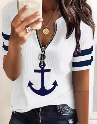 Damen maritim inspirierter Kurzarm Pullover mit Reißverschluss und Anker-Motiv Stalluxe