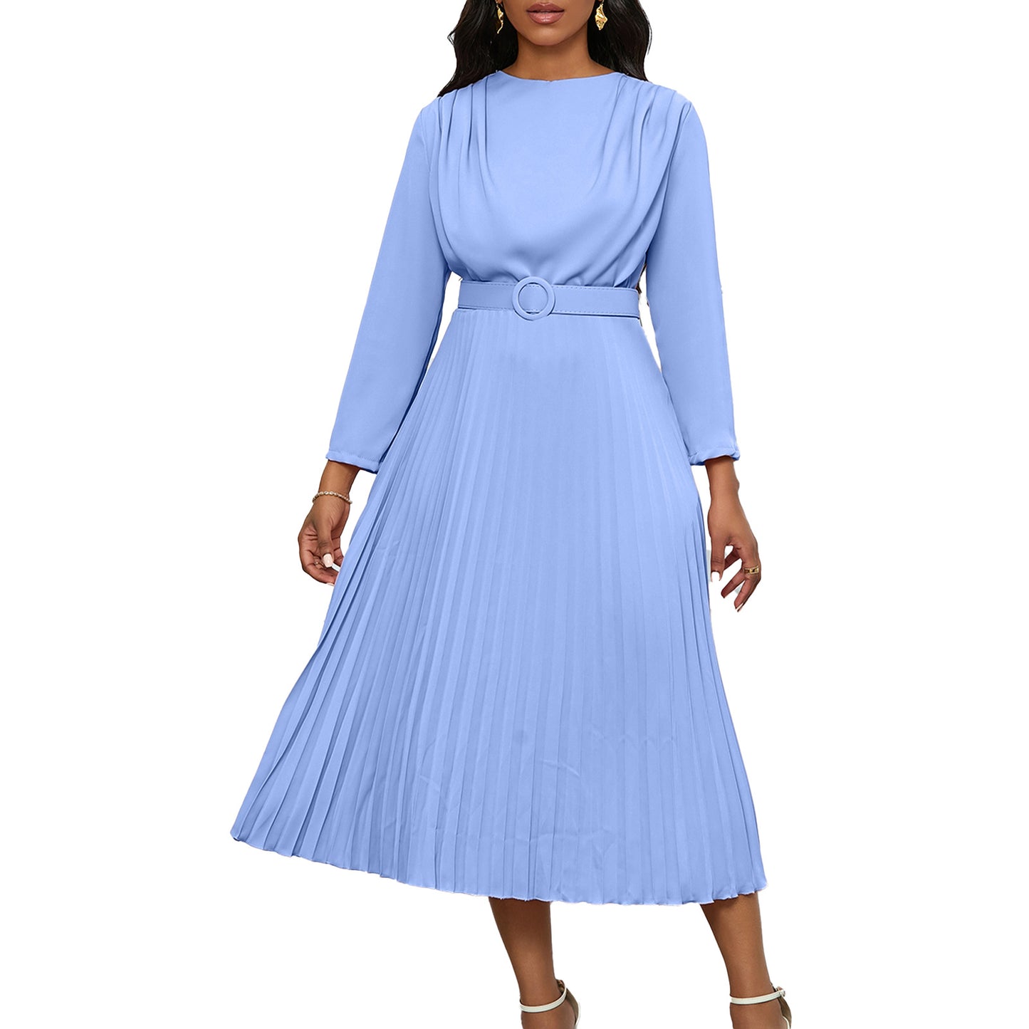 Damen Plisseekleid mit elegantem V-Ausschnitt und Gürtel Stalluxe