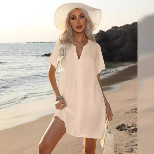 Damen Luftiges Strandkleid mit V-Ausschnitt und praktischen Seitentaschen Stalluxe