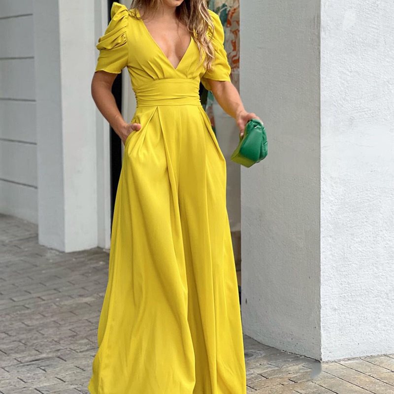 Damen elegantes Maxikleid mit Puffärmeln und tiefem V-Ausschnitt Stalluxe