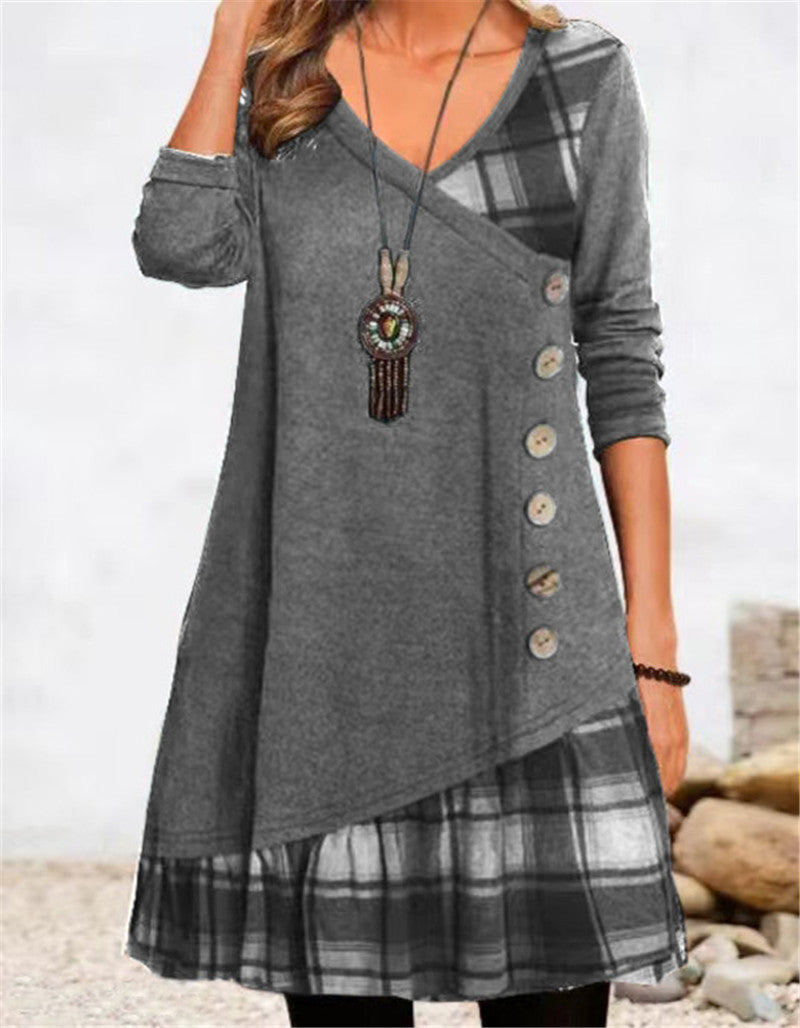 Damen asymmetrisches Freizeitkleid mit kariertem Saum und Knopfdetail Stalluxe