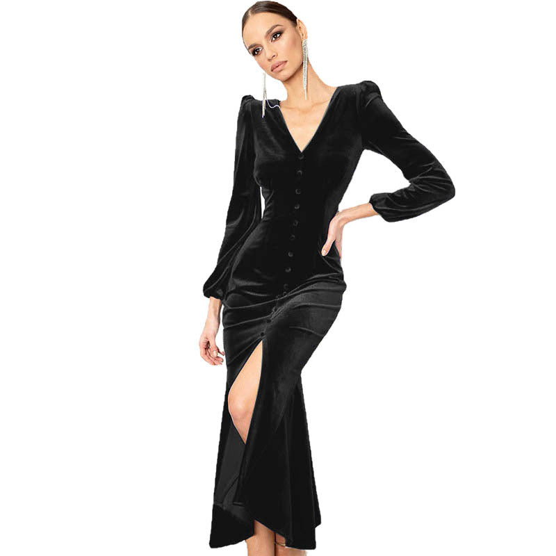 Damen Elegantes Maxikleid mit tiefem V-Ausschnitt und Knopfdetail Stalluxe