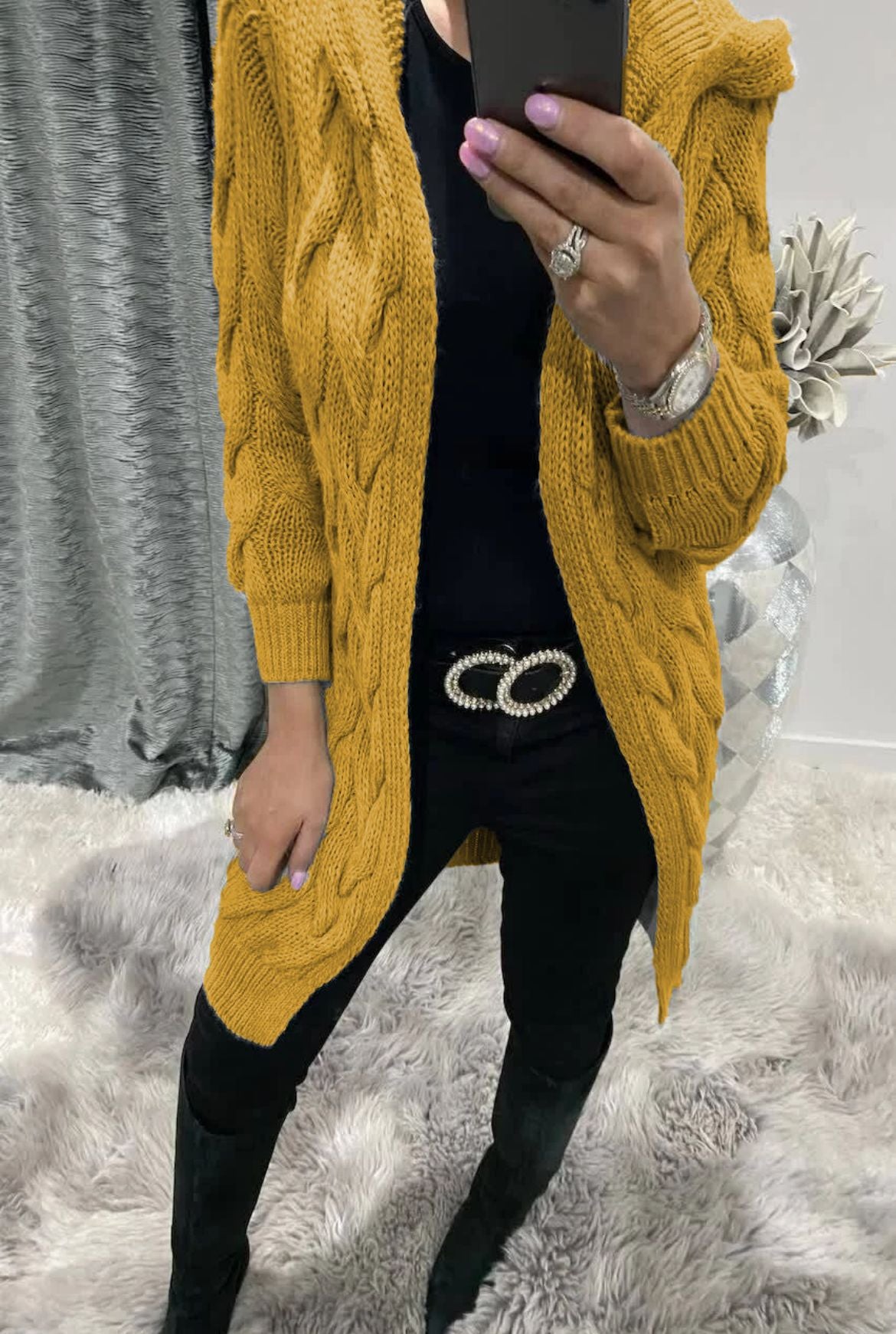 Damen Grobstrick-Cardigan mit Kapuze und Zopfmuster Stalluxe