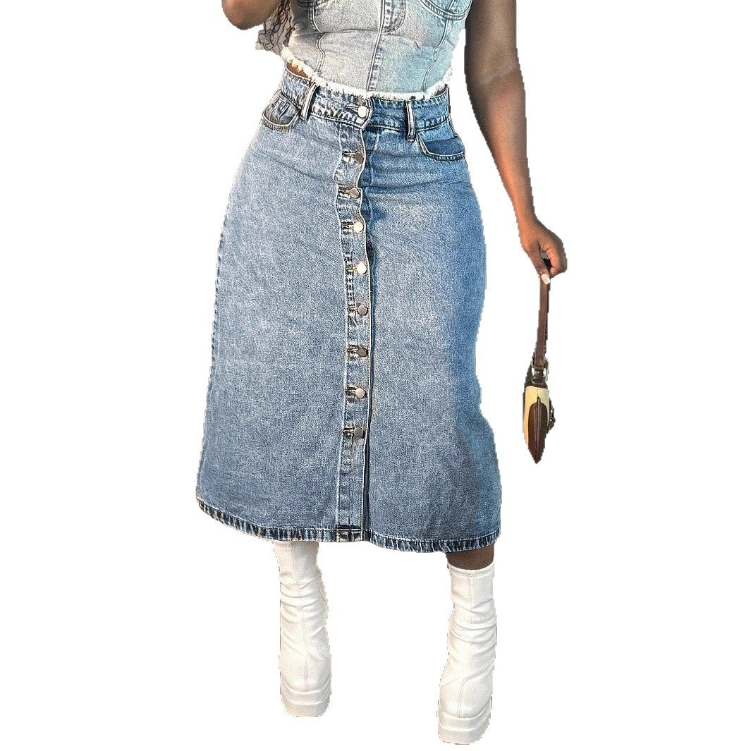 Damen Denim-Midirock mit Knopfverschluss und weitem Schnitt Stalluxe
