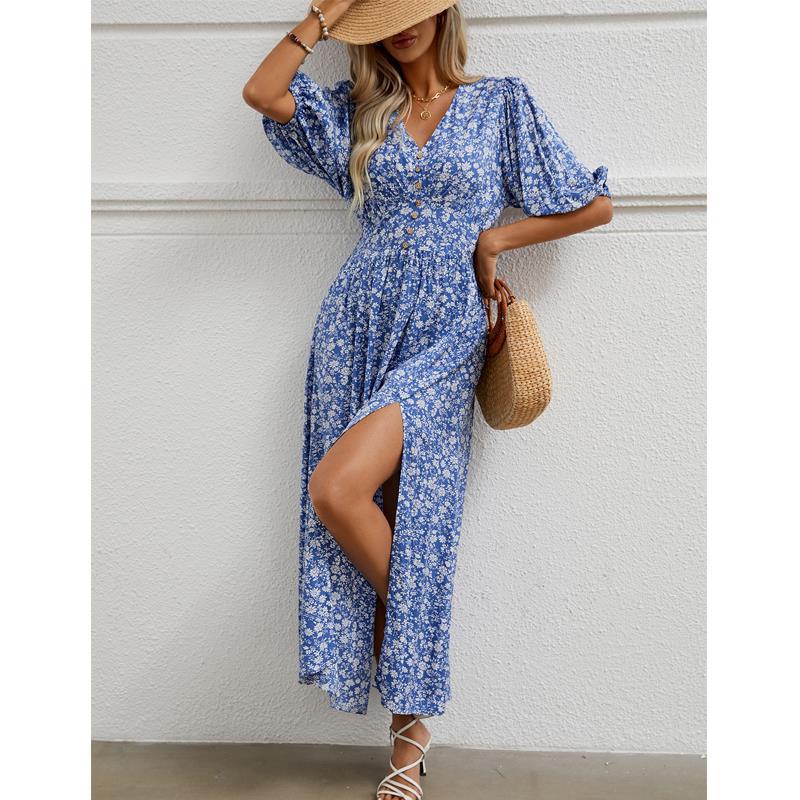 Damen Maxikleid mit floralem Design und knöpfigem Ausschnitt Stalluxe