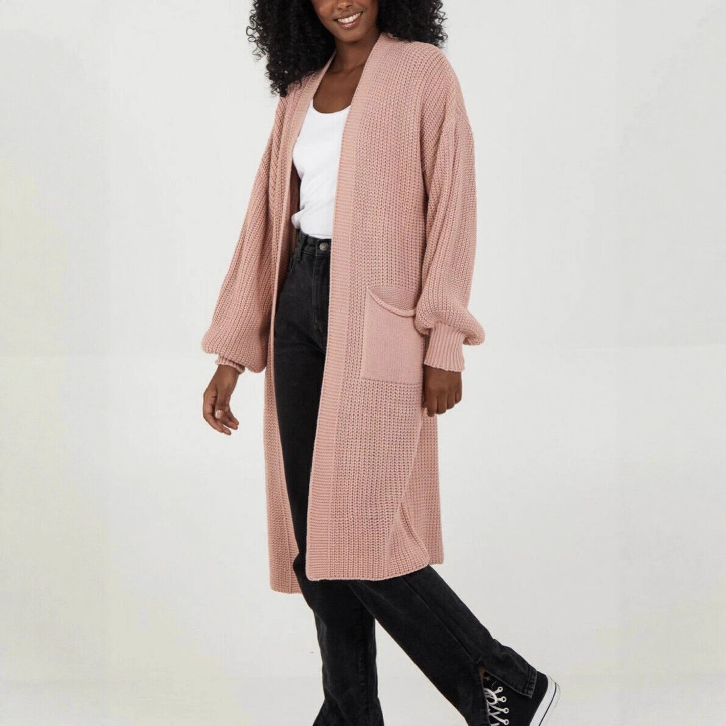 Damen Langer Strickcardigan mit voluminösen Ärmeln und offenem Schnitt Stalluxe