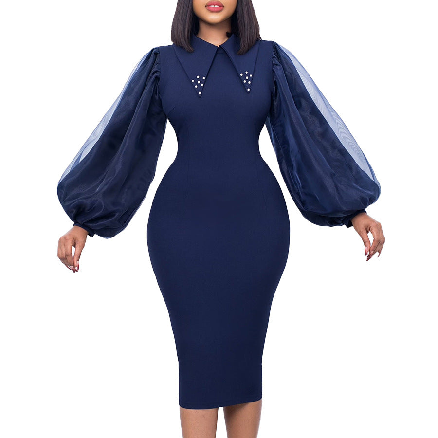 Damen Midi-Kleid mit Puffärmeln und dekorativem Kragen Stalluxe