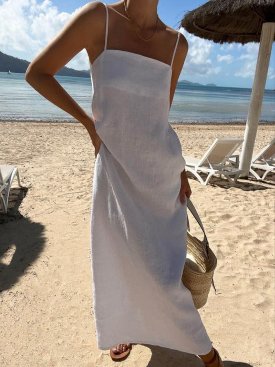 Damen Maxikleid aus luftigem Leinen mit Spaghettiträgern Stalluxe