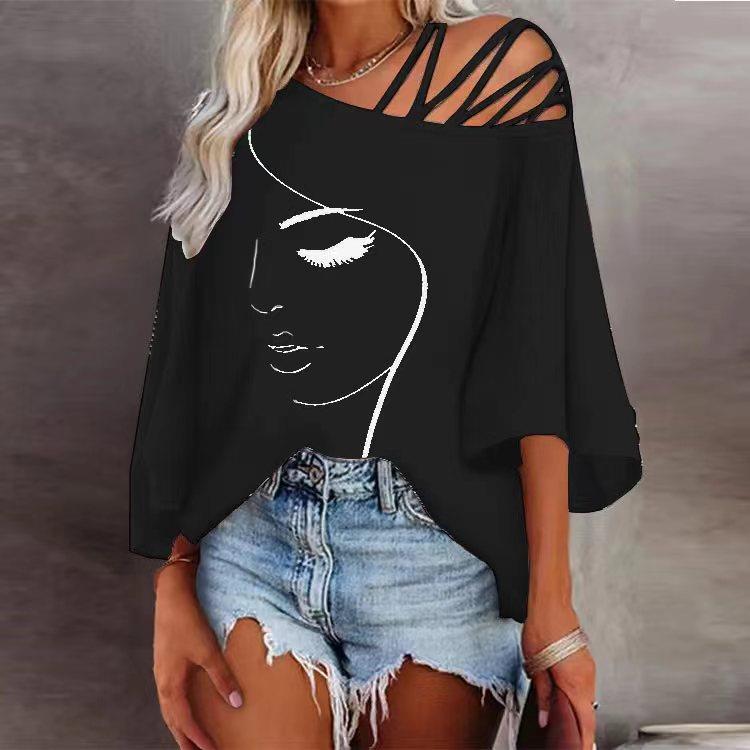 Damen Tunika mit asymmetrischem Trägerdesign und stylisierter Gesichtsgrafik Stalluxe