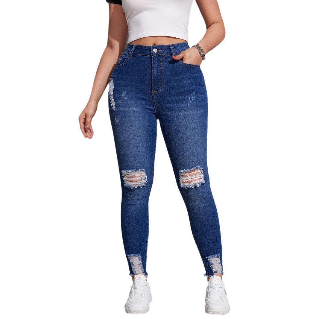 Damen Ripped Skinny Jeans mit hohem Bund und modischen Ziernähten Stalluxe