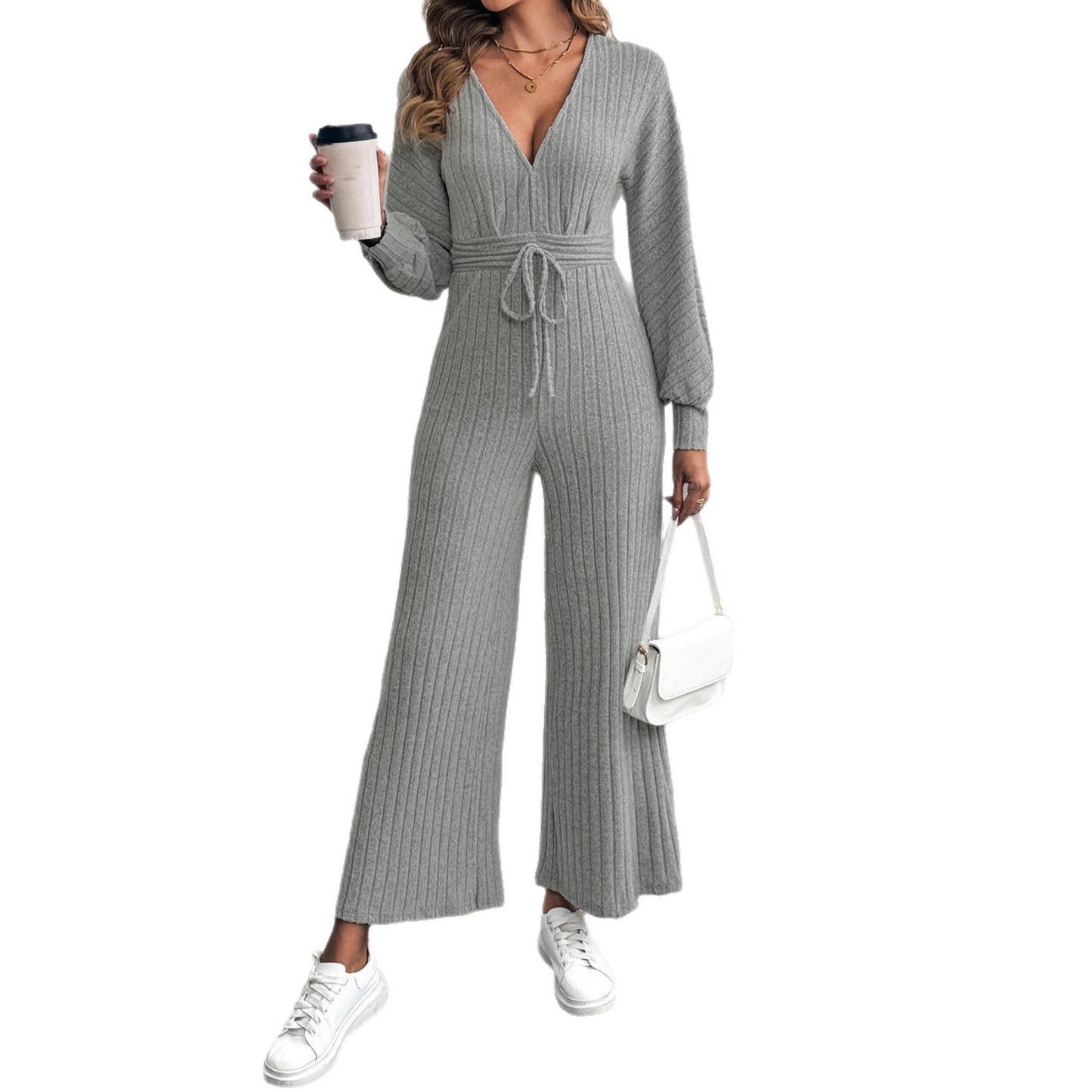 Damen Strickoverall mit tiefem V-Ausschnitt und Taillengürtel Stalluxe