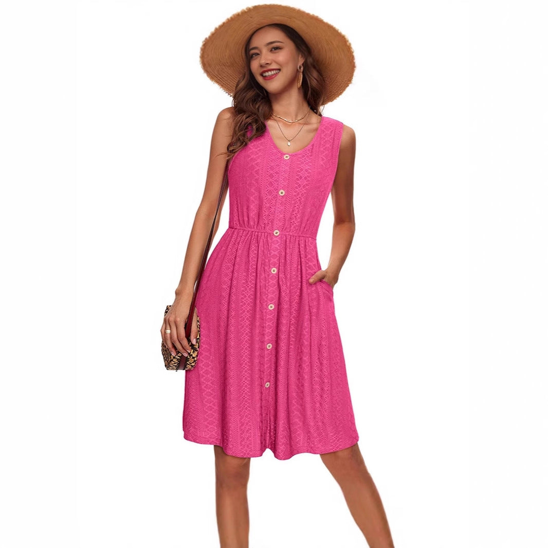 Damen Sommerliches Knopfkleid mit elastischem Taillenband und praktischen Taschen Stalluxe