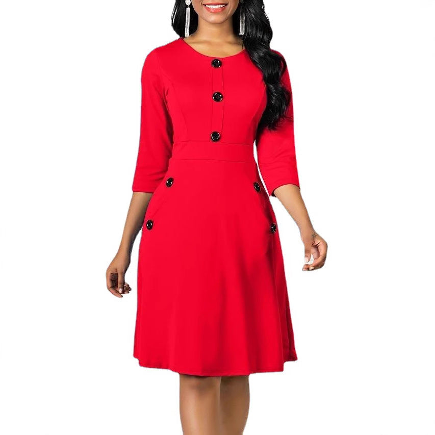 Women's Classic Three-Quarter Sleeve Button-Detail Dress Stalluxe