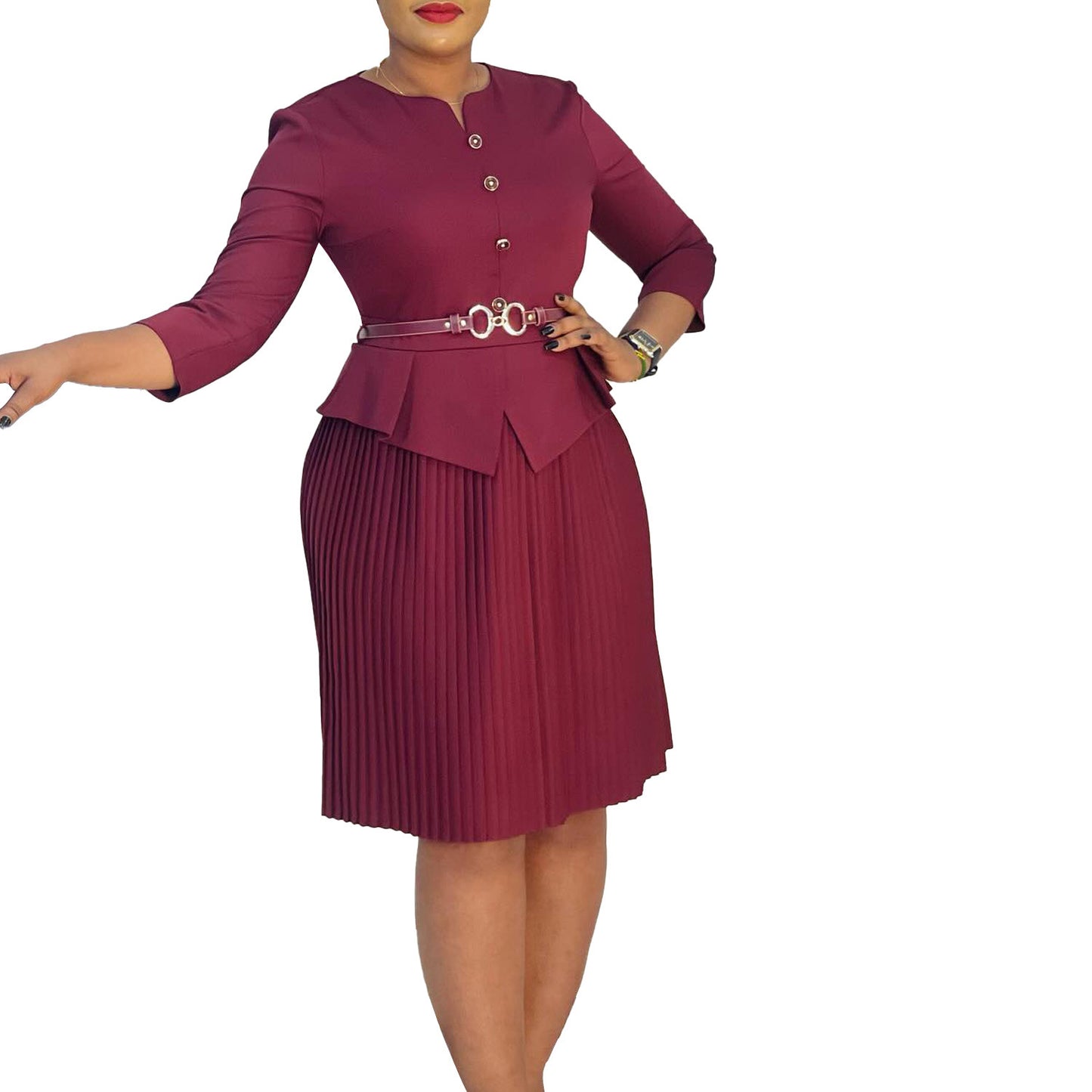 Damen Plissee Kleid mit elegantem Peplum und dekorativem Gürtel Stalluxe