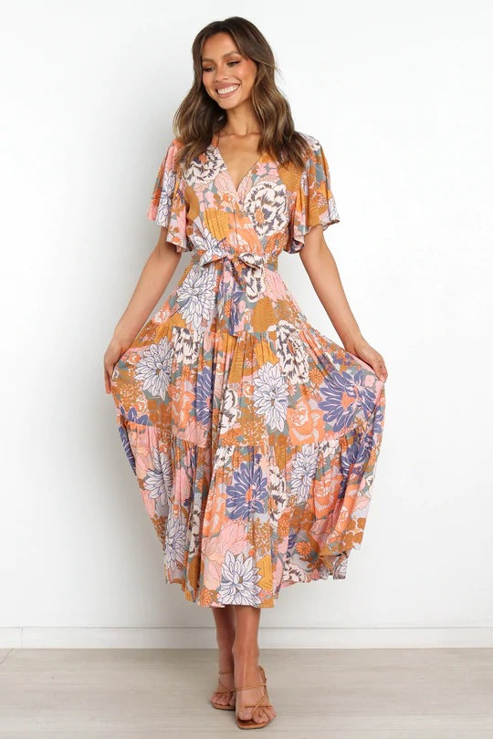 Damen Maxikleid mit floralem Wickeldesign und elastischem Taillengürtel Stalluxe
