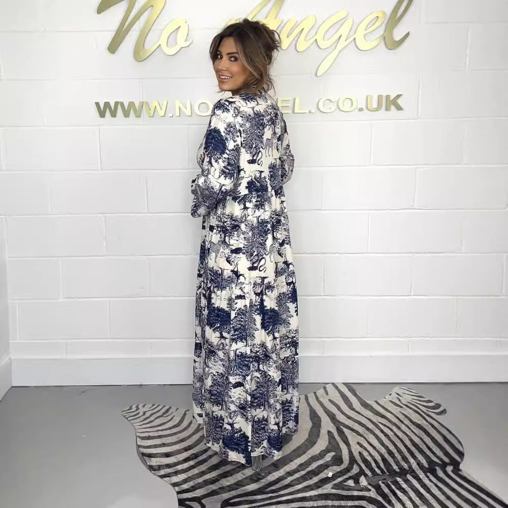 Damen lässiges Maxikleid mit dekorativem Print und langem Ärmel Stalluxe