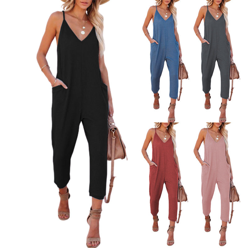Damen Lässiger Jumpsuit mit tiefem V-Ausschnitt und praktischen Taschen Stalluxe