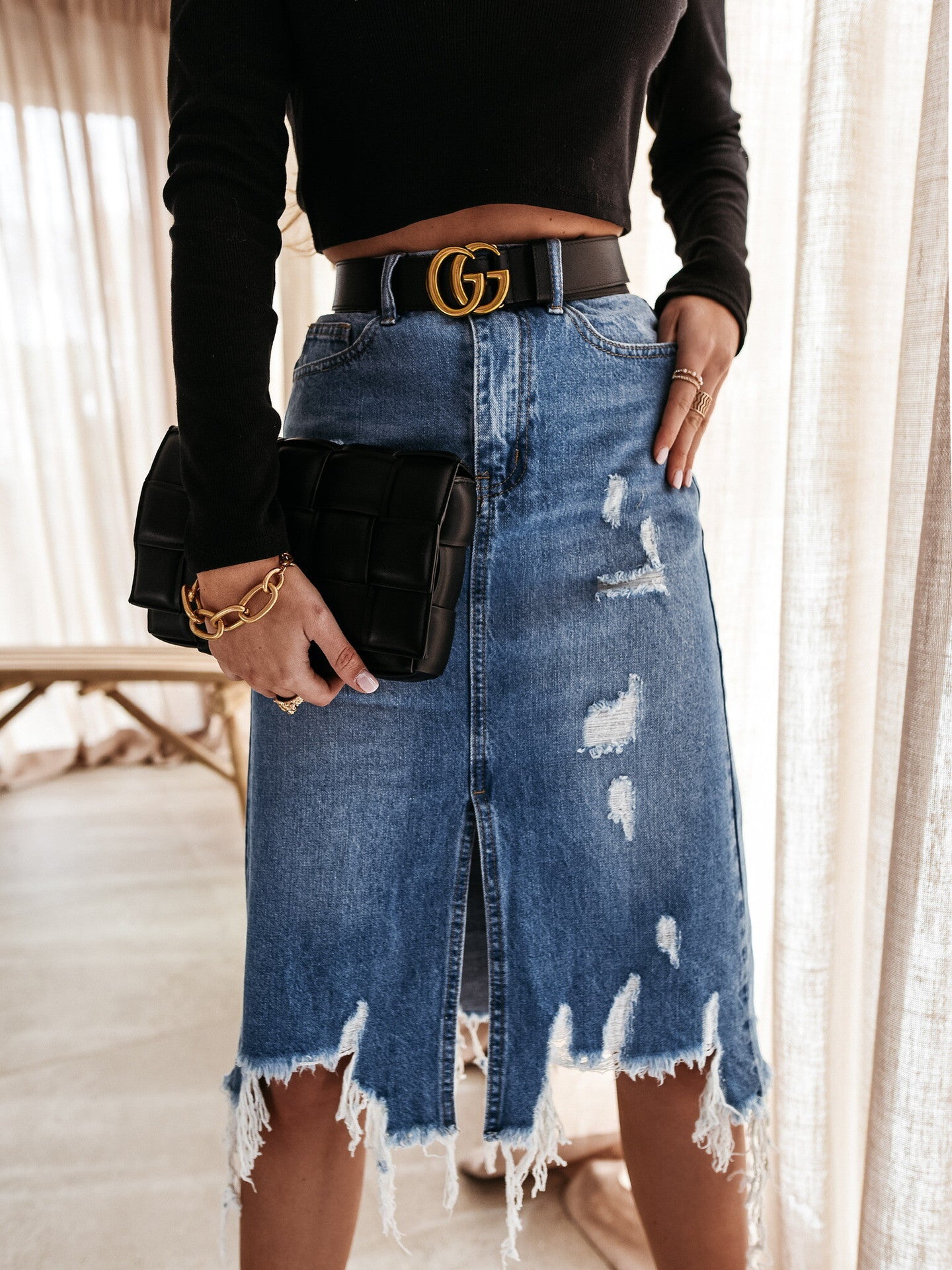 Damen Midi-Denim-Rock mit fransigen Details Stalluxe