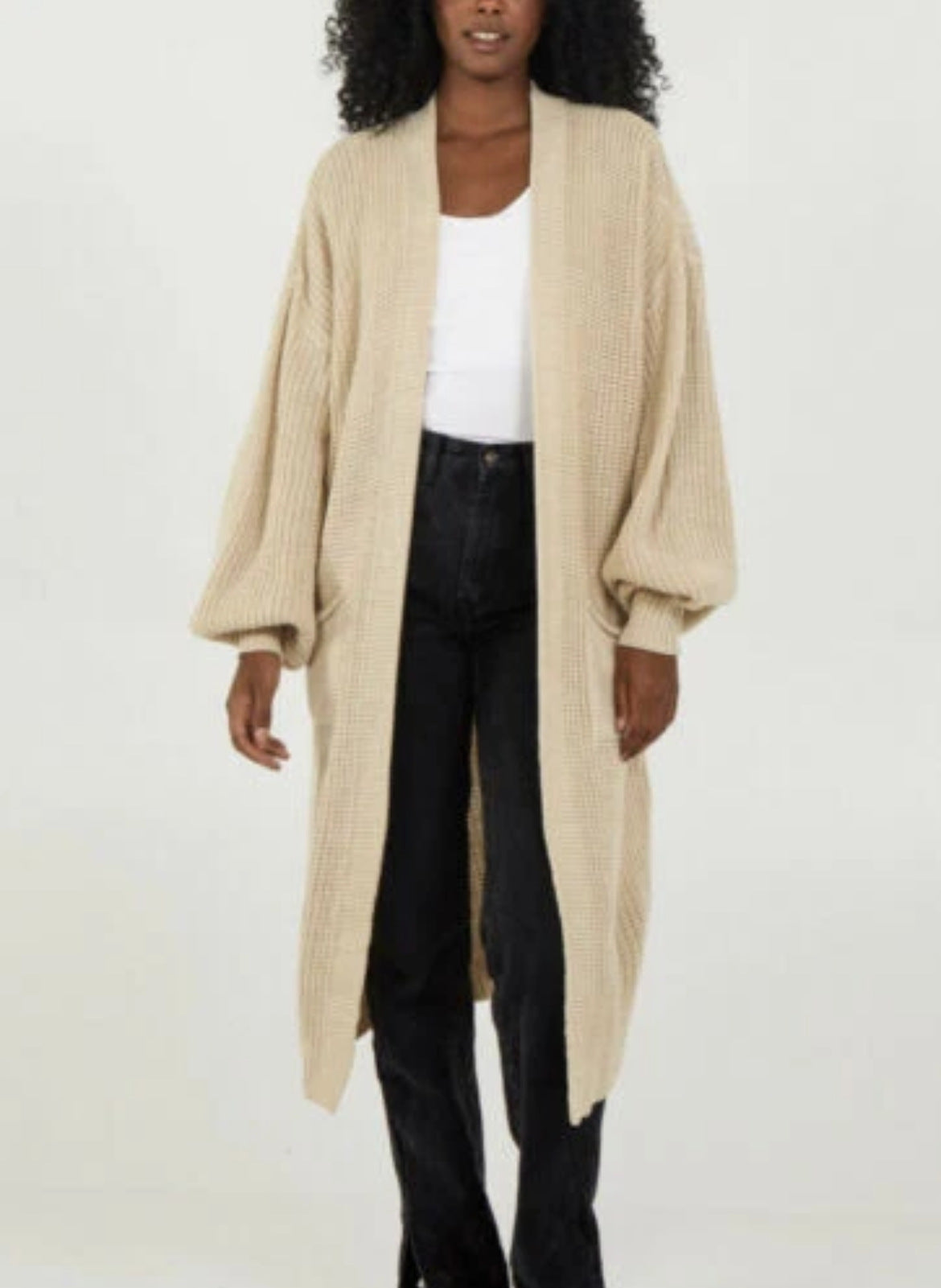 Damen Langer Strickcardigan mit voluminösen Ärmeln und offenem Schnitt Stalluxe
