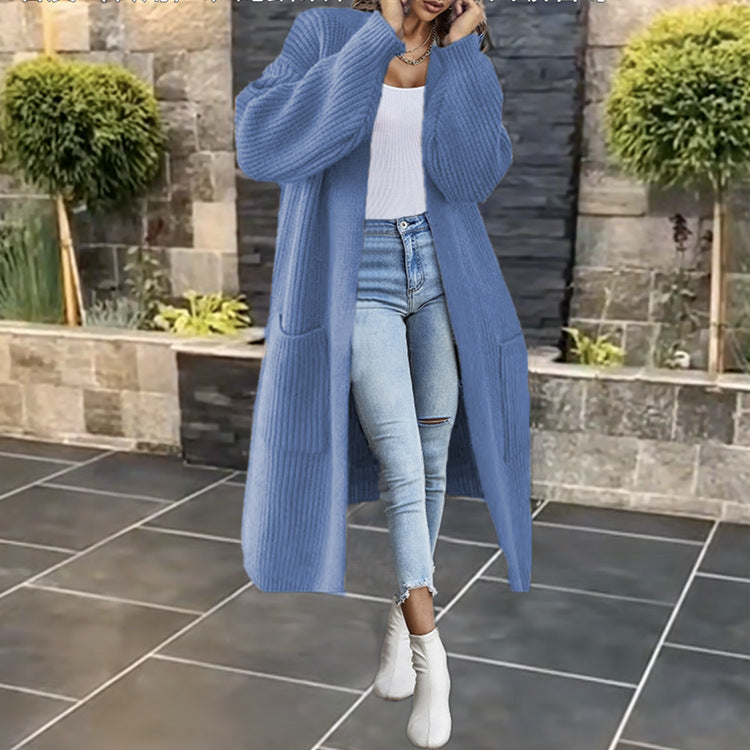 Damen Langer Strickmantel mit grober Rippenstruktur und praktischen Taschen Stalluxe