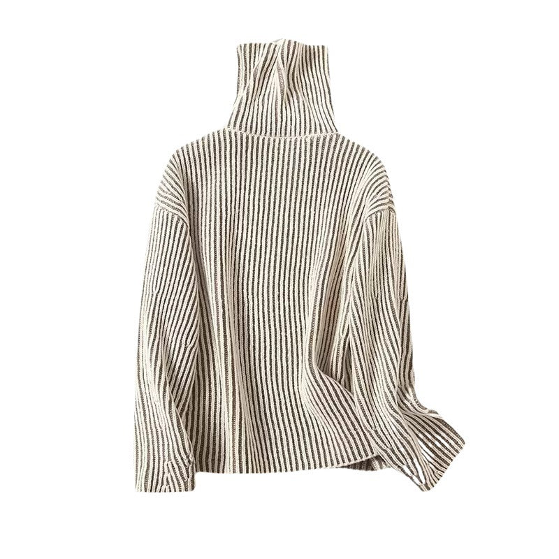 Damen gemütlicher Strickpullover mit hohem Kragen und modernen Streifen Stalluxe