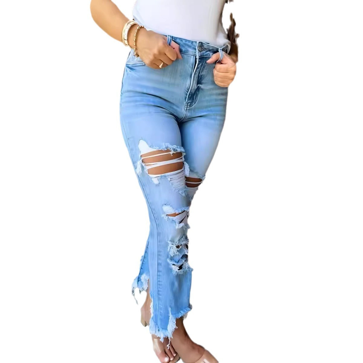 Damen Flared Jeans mit modischen Destroyed-Details und hoch geschnittenem Bund Stalluxe