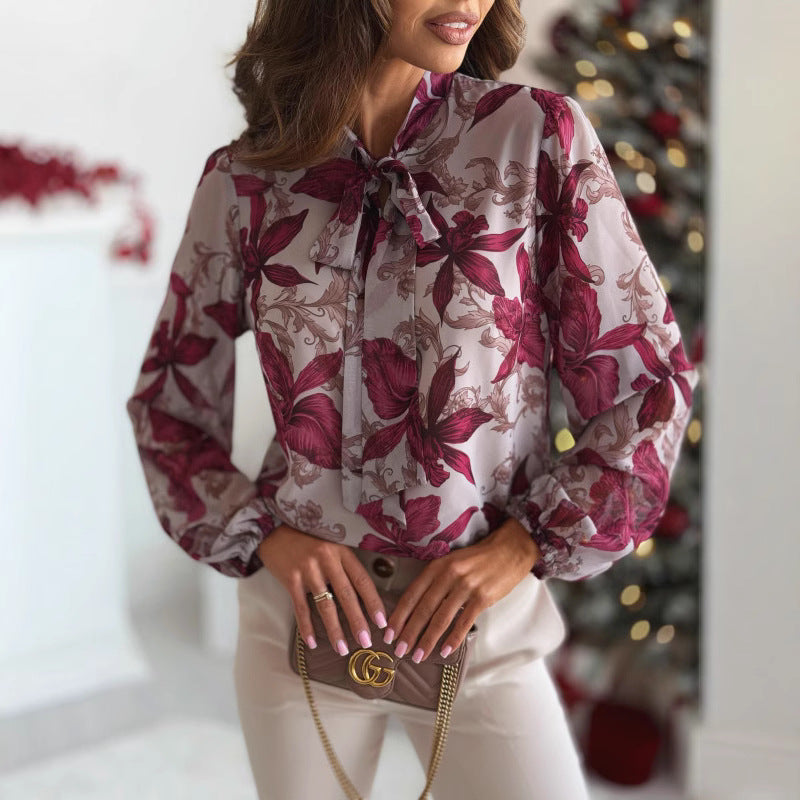 Damen elegante Bluse mit floralem Design und schickem Schleifenkragen Stalluxe