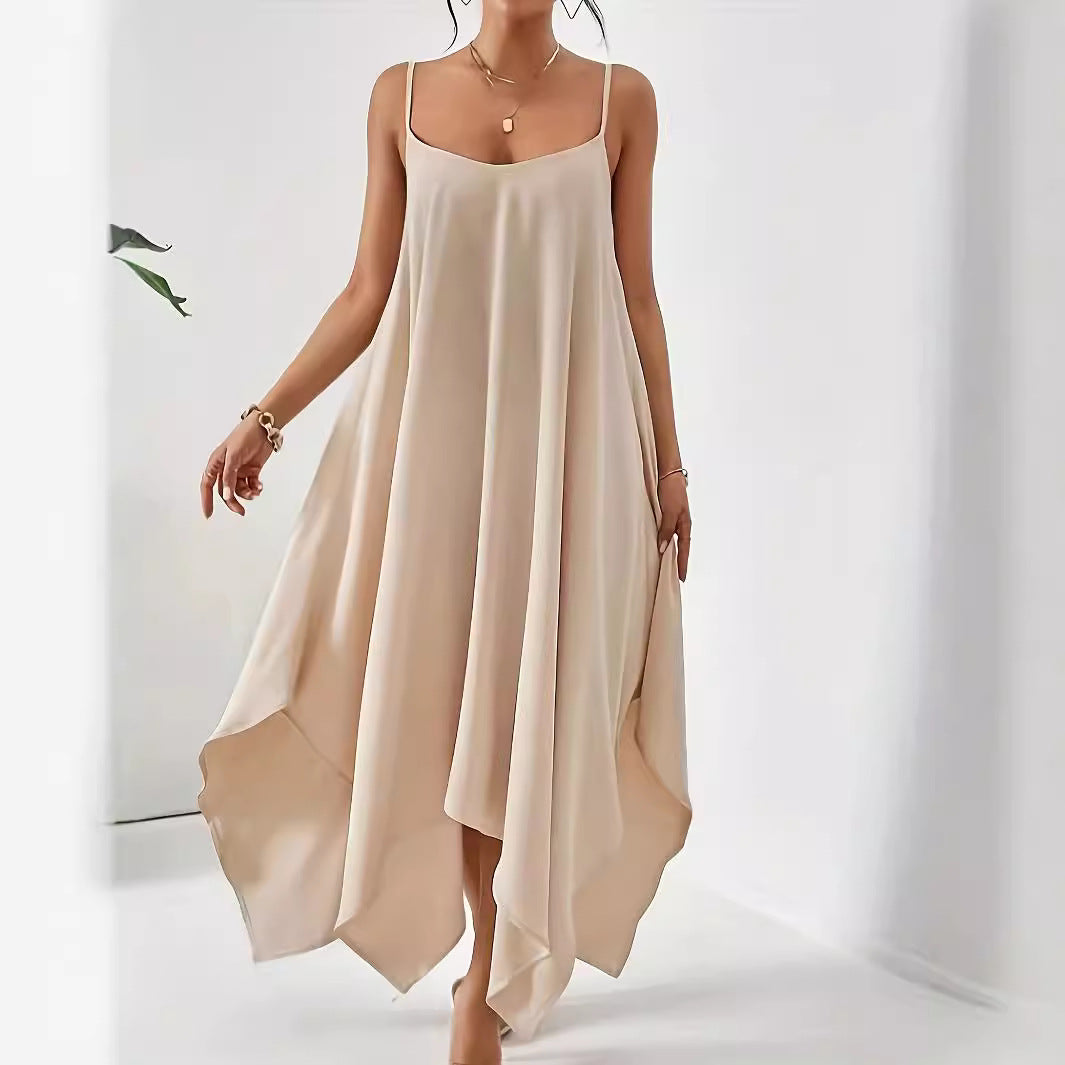 Damen luftiges Maxikleid mit asymmetrischem Saum und schmalen Spaghetti-Trägern Stalluxe