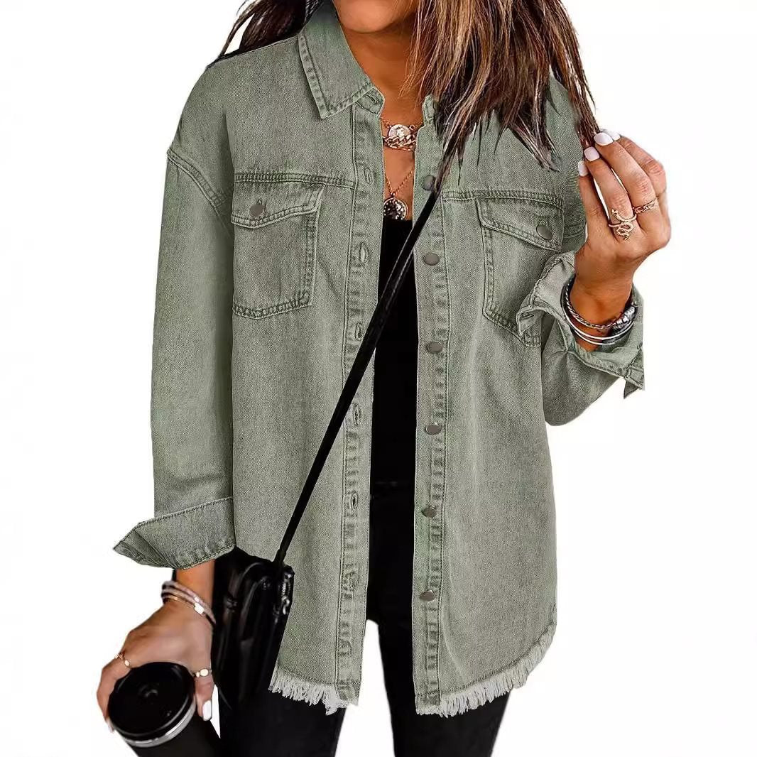 Damen lässige Jeansjacke mit fransigen Säumen und aufgesetzten Taschen Stalluxe