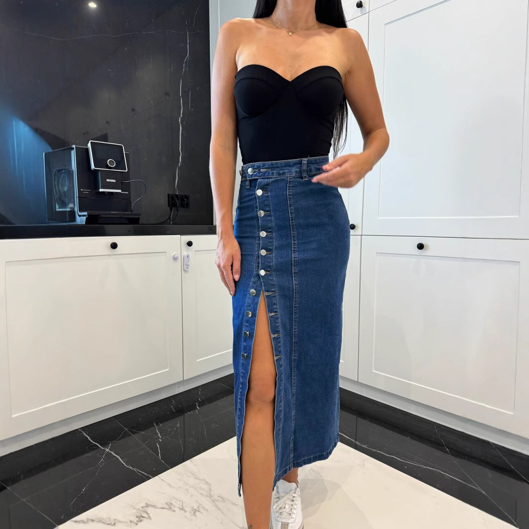 Damen Denim-Midirock mit seitlichem Schlitz und Knopfdetails Stalluxe