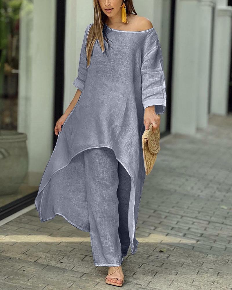 Women's Elegant Asymmetric Linen Tunic and Pants Set Stalluxe