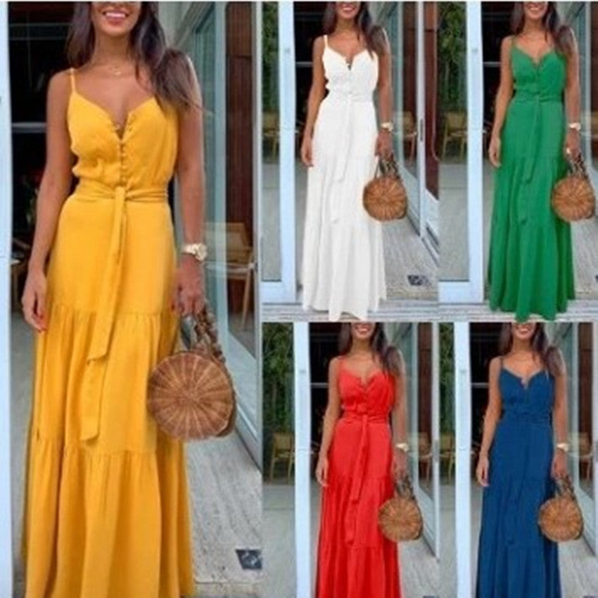 Damen Maxikleid mit tiefem V-Ausschnitt und aufgesetzten Knöpfen Stalluxe