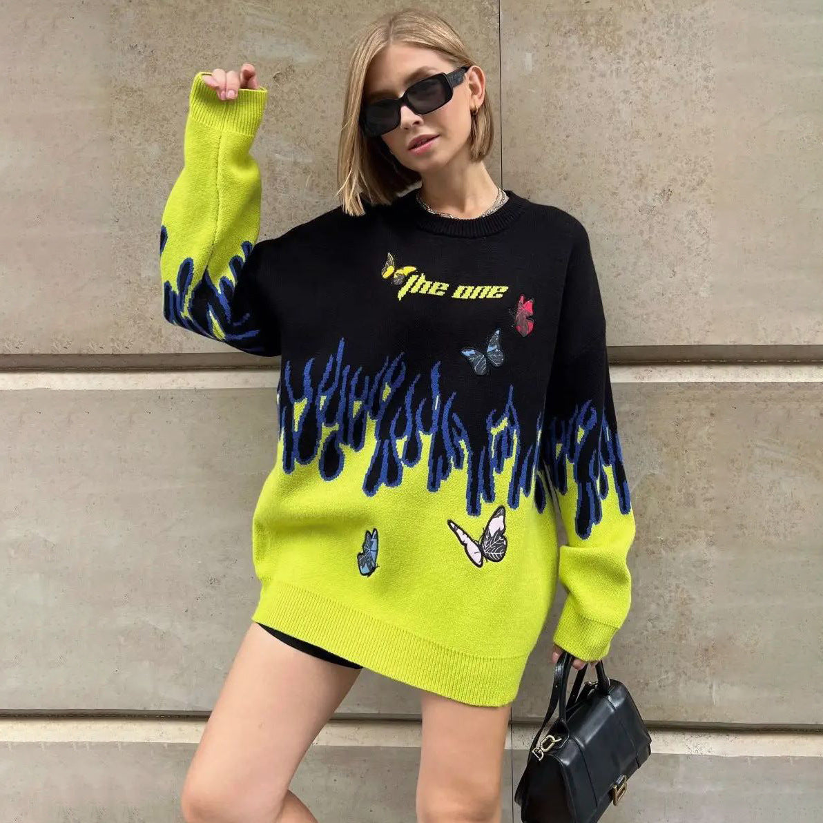 Damen Grobstrickpullover mit einzigartigem Flammen- und Schmetterlingsdesign Stalluxe