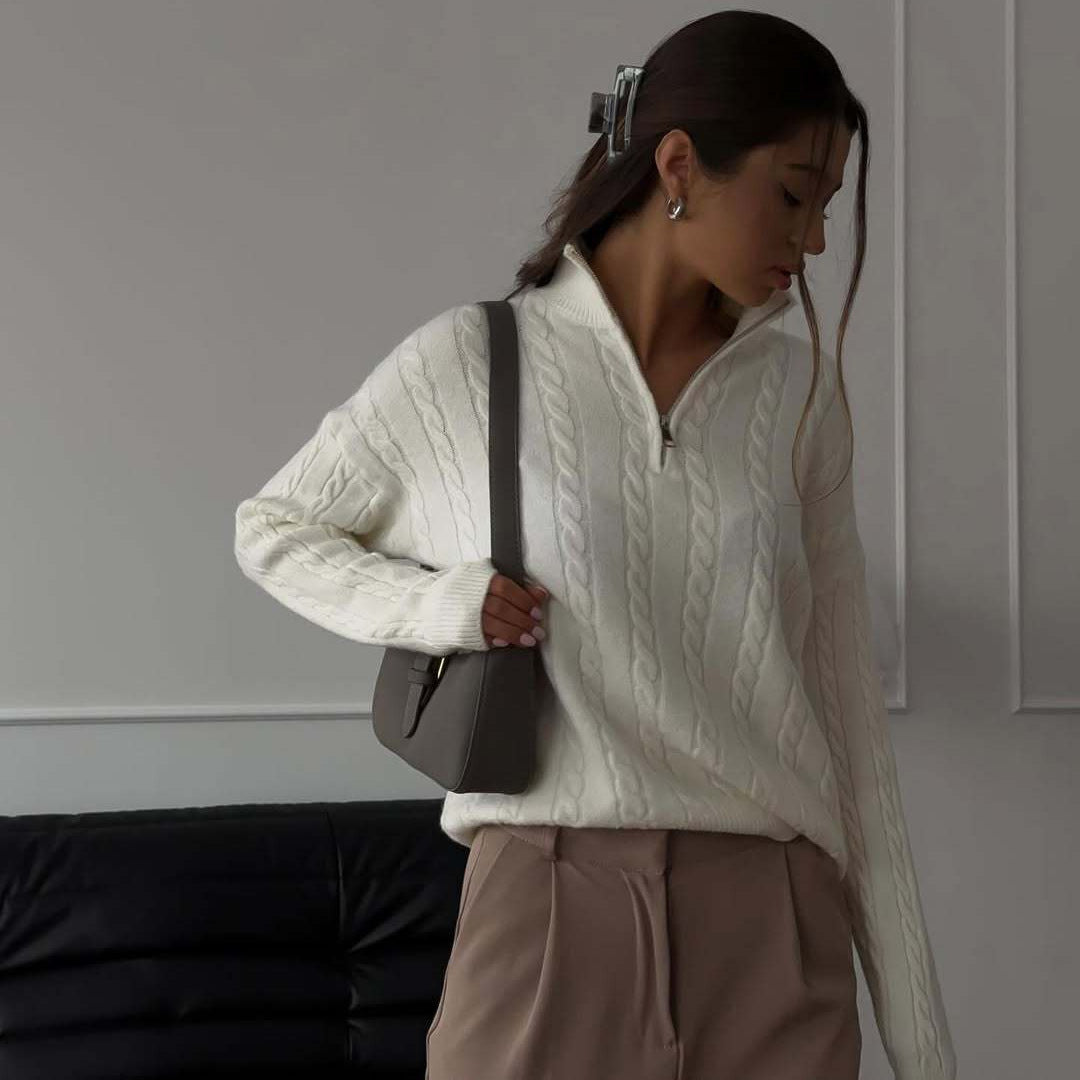 Damen cropped Pullover mit Zopfmuster und Reißverschluss Stalluxe