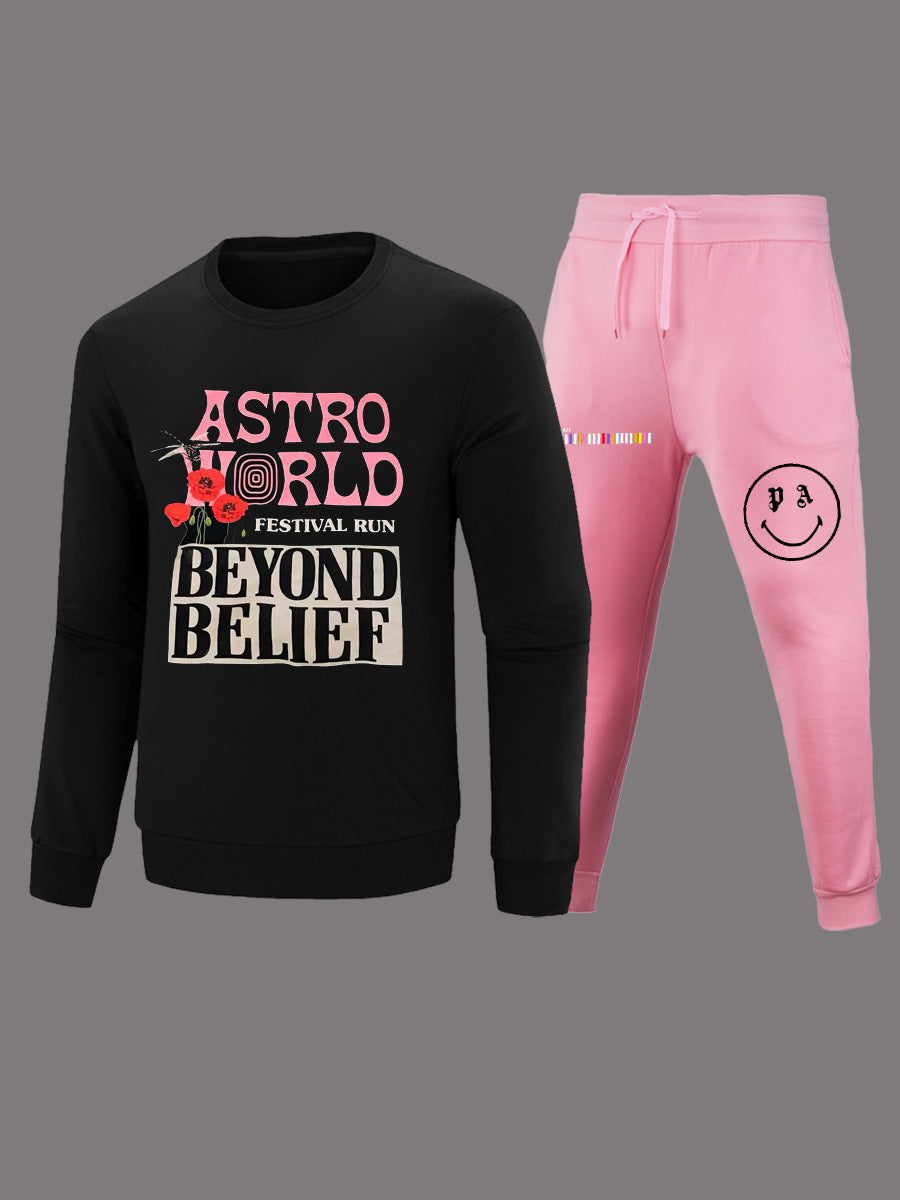 Damen Lange Ärmel T-Shirt und lockere Jogginghose Set mit auffälligem Grafikdesign Stalluxe
