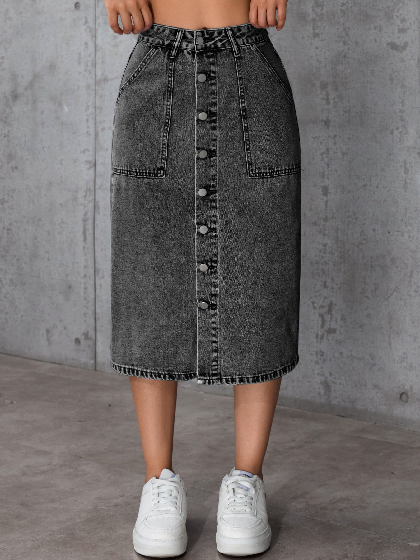 Damen Jeans-Midirock mit Knopfverschluss und praktischen Taschen Stalluxe