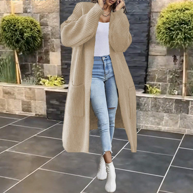 Damen Langer Strickmantel mit grober Rippenstruktur und praktischen Taschen Stalluxe