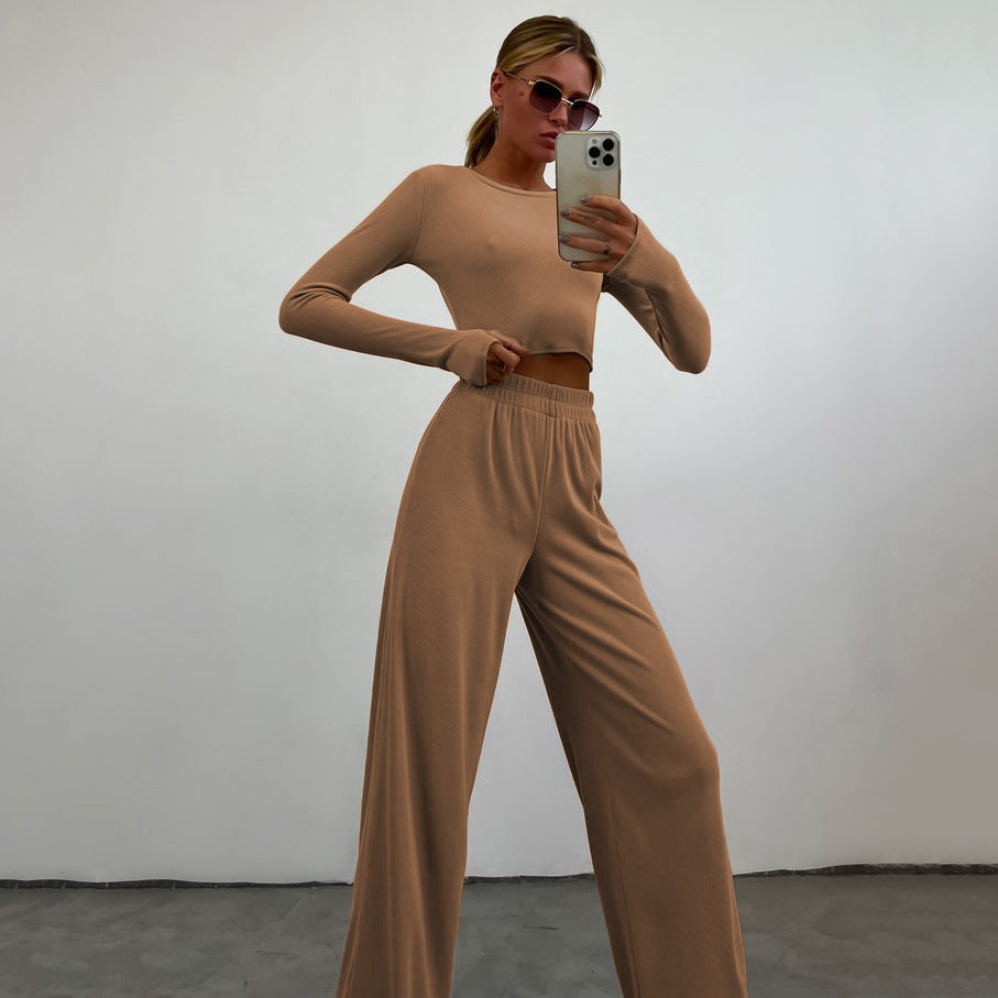 Damen cropped Set mit langen Ärmeln und elastischen Hosen Stalluxe