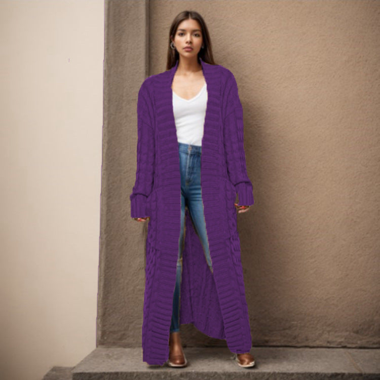 Damen Langer Strickcardigan mit raffiniertem Zopfdesign und praktischen Taschen Stalluxe