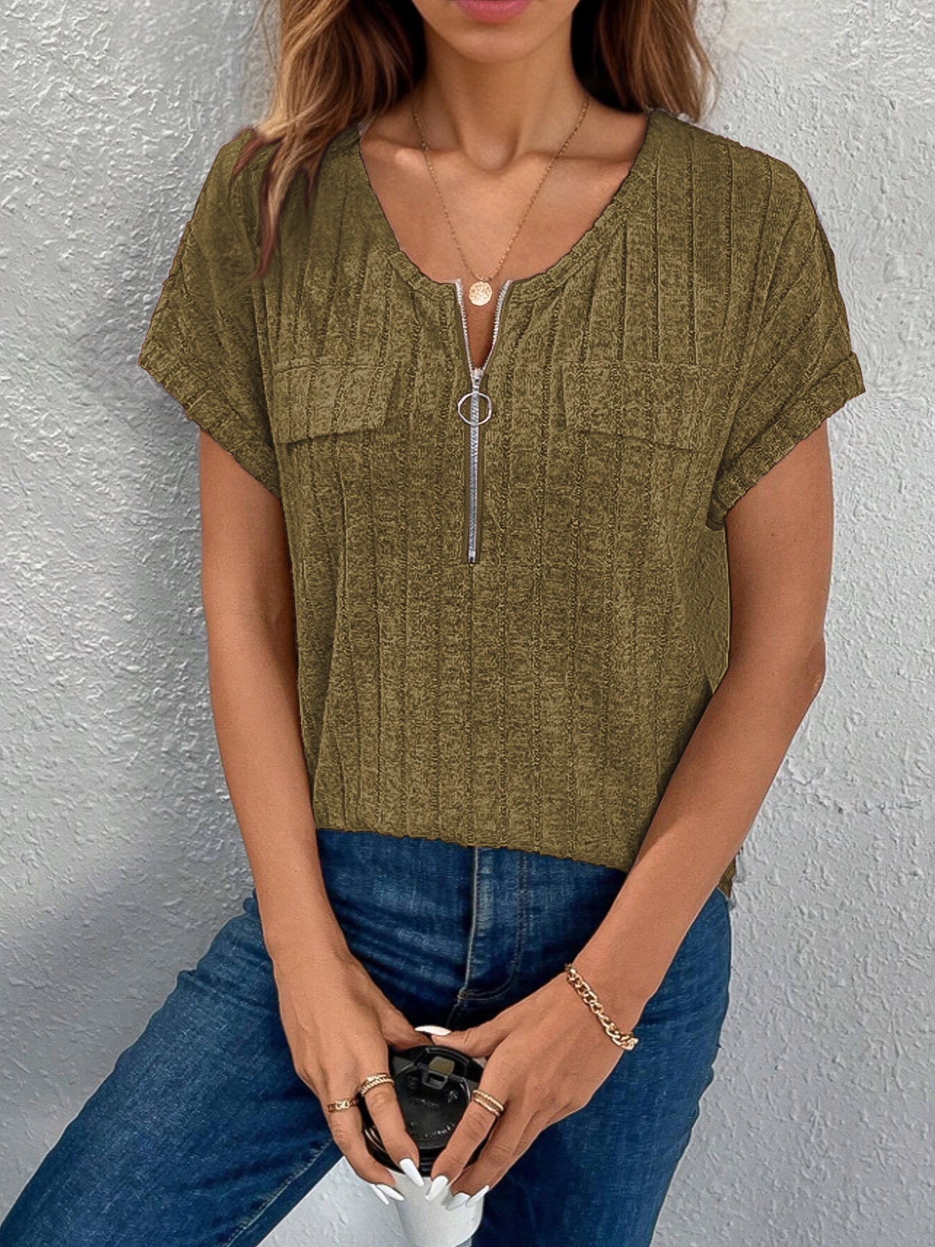 Women's Ribbed Pocket Zip-Up Top Stalluxe