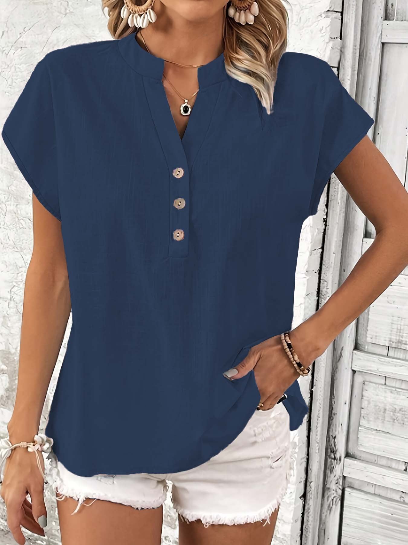 Damen stylisches Kurzarm-Oberteil mit Knopfdetails und trendigem Stehkragen Stalluxe