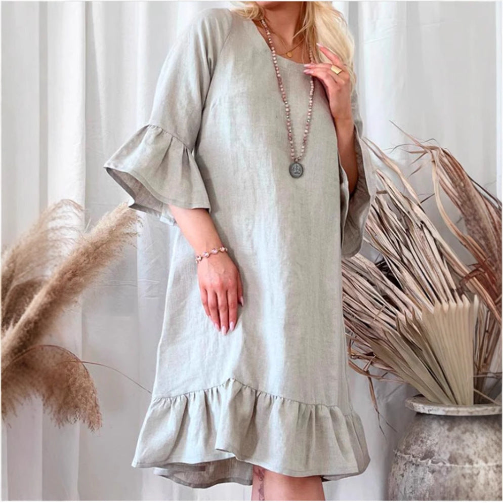 Damen Leichtes Leinenkleid mit Rüschendetails und weitem Schnitt Stalluxe