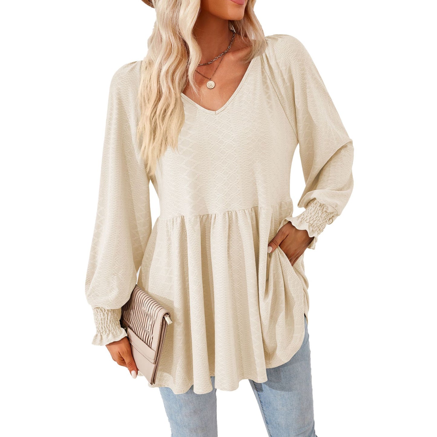 Damen lässiges V-Ausschnitt Blusenshirt mit Rüschen und Taschen Stalluxe