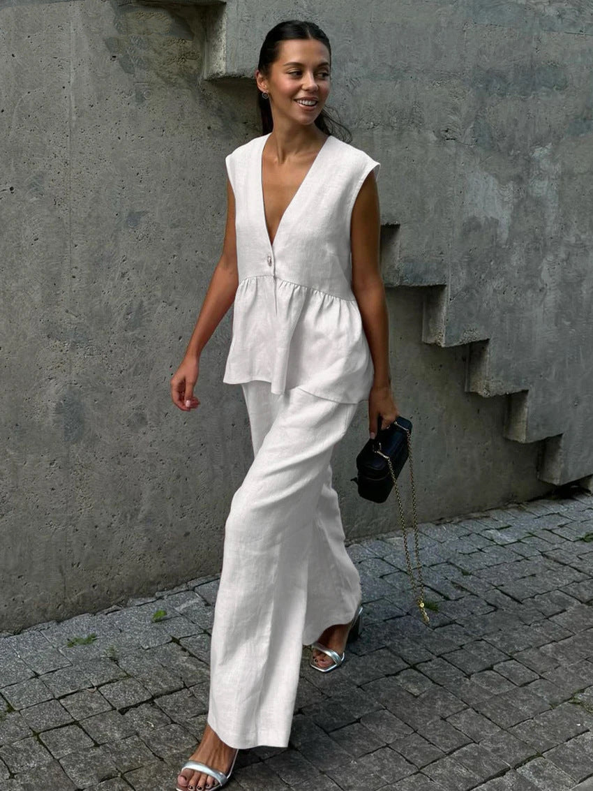 Damen luftige Leinenbluse und weite Hose Stalluxe