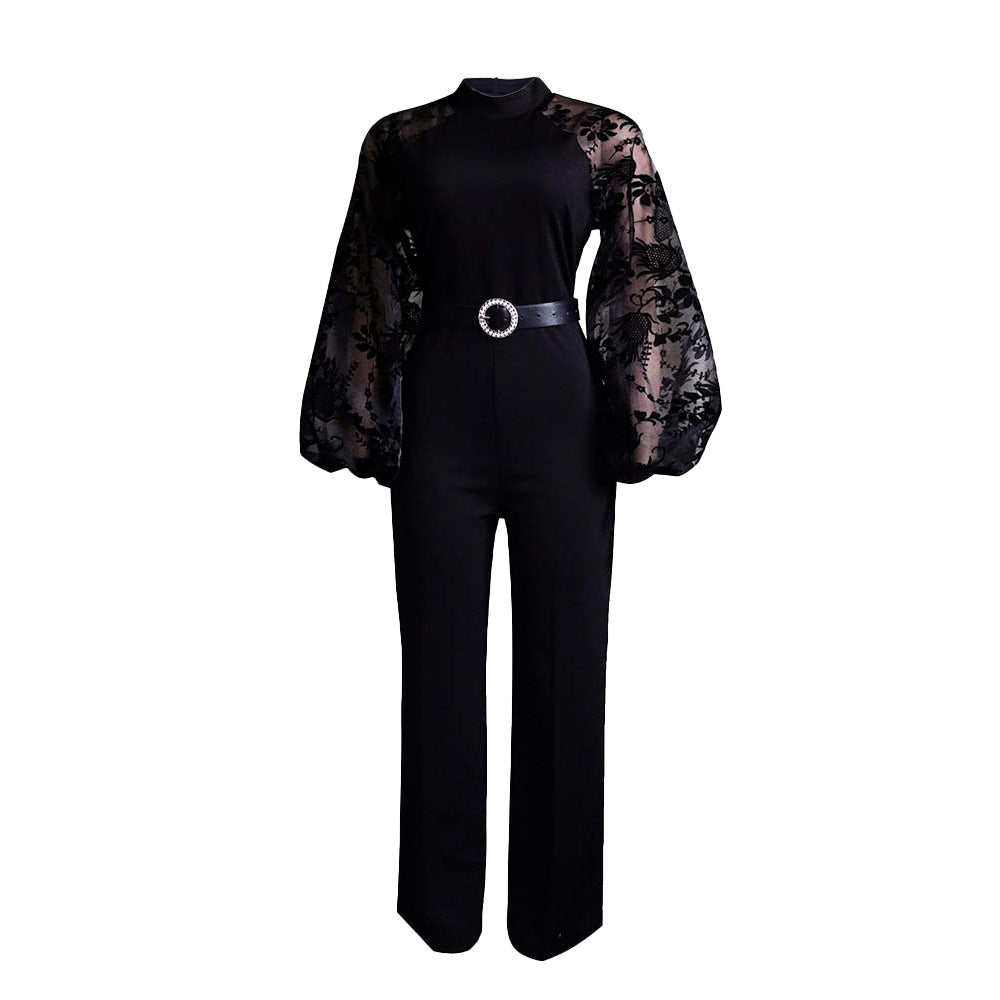 Damen Eleganter Jumpsuit mit transparenter Spitze und Gürtel Stalluxe