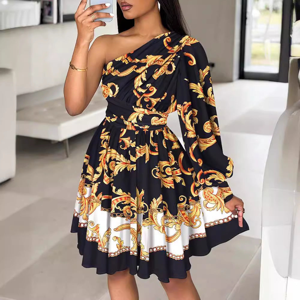 Damen Ein-Schulter Kleid mit voluminösen Ärmeln und floralem Design Stalluxe