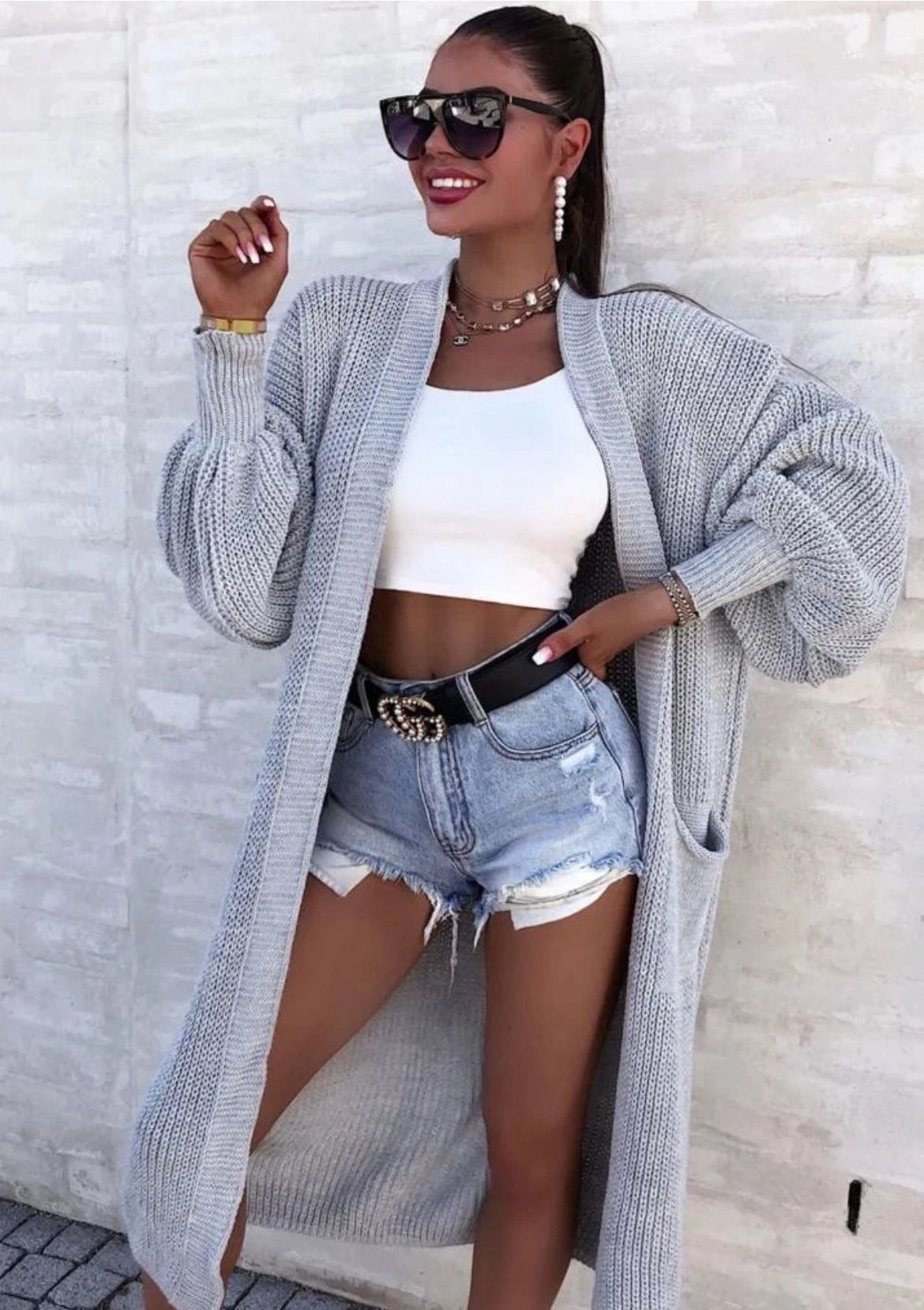 Damen Langer Strickcardigan mit weiten Ärmeln und praktischen Taschen Stalluxe