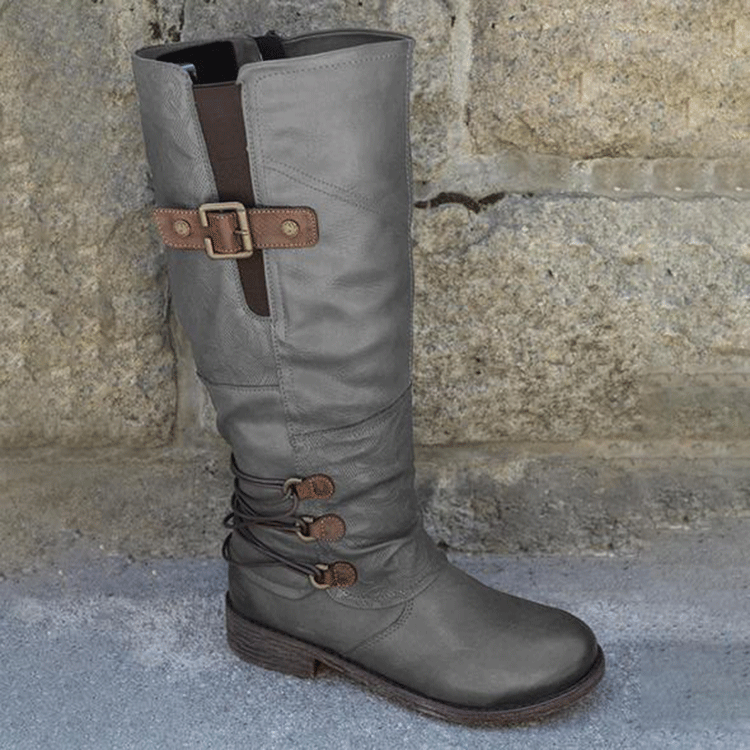 Damen hohe Lederstiefel mit dekorativen Schnallen und elastischen Riemen Stalluxe